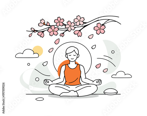 Cherry blossom zen moment. A person meditating under a stylized cherry blossom branch, petals softly floating
