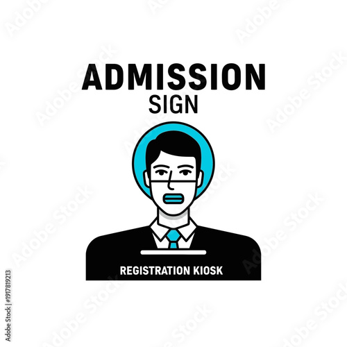 Depiction of a Registration Kiosk Sign Featuring a Person in a Face Mask, Minimalist Style