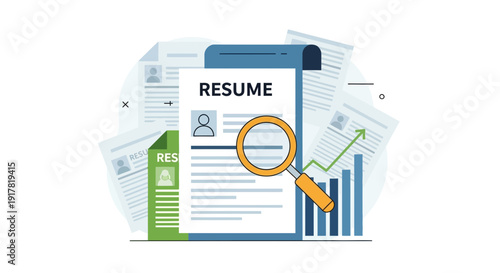 Professional Resume Review and Job Application Screening Concept with Magnifying Glass and Growth Chart