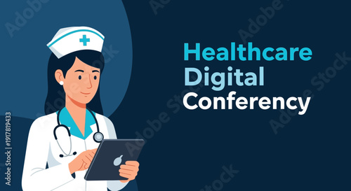 Digital Healthcare Conference Illustrative Design Featuring a Nurse with Tablet and Presentation