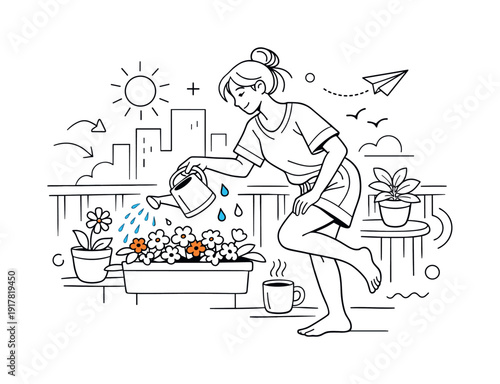 Morning Plant Care Routine. A relaxed woman in casual homewear watering blooming flowers on a cozy balcony,