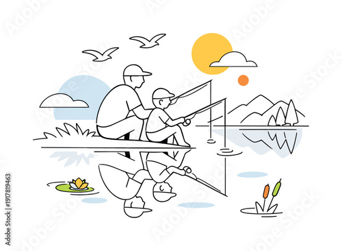 Peaceful lakeside family moment. Silhouettes of parent and child fishing together, reflections suggested with