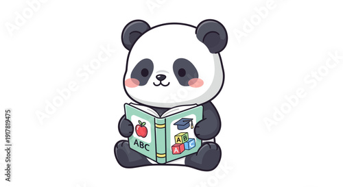 Cute Panda Bear Cartoon Character Reading a Colorful ABC Book – Concept for Early Childhood Education