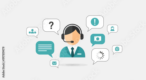 Customer Support Representative with Headset and Communication Speech Bubbles for Online Assistance