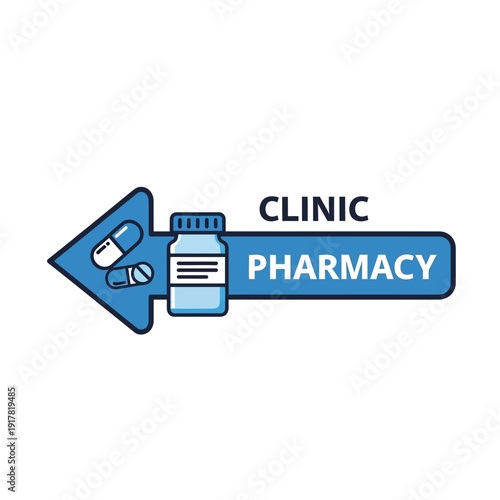 Directional Illustration for Clinic and Pharmacy Signage Featuring Healthcare Icons