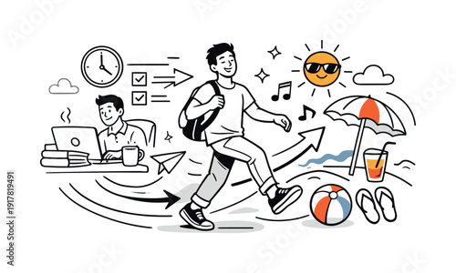 Finding balance in daily life. Person stepping away from work into leisure time, relaxed body language and