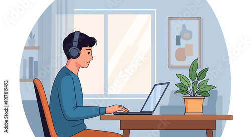 people with Headphones Working on Laptop in Modern Home Office, Remote Work and Freelance Concept