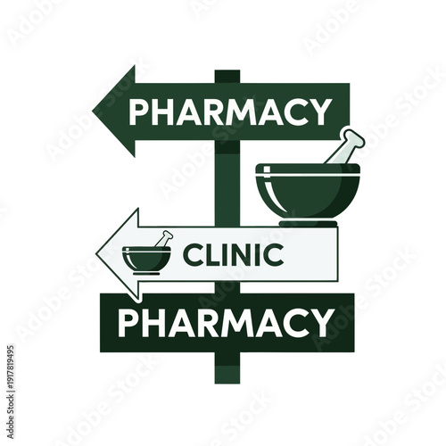 Directional Pharmacy And Clinic Sign Illustrating Medical Services And Healthcare Options
