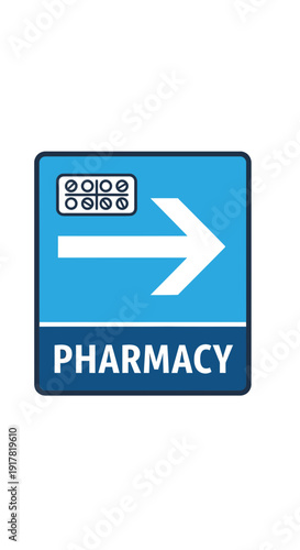 Directional Pharmacy Sign Illustrating Pills and Arrow Indicating Medical Healthcare Assistance