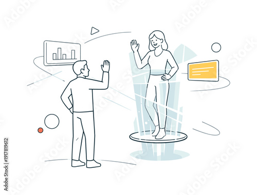 Holographic communication. Person standing and interacting with floating hologram of another person, light