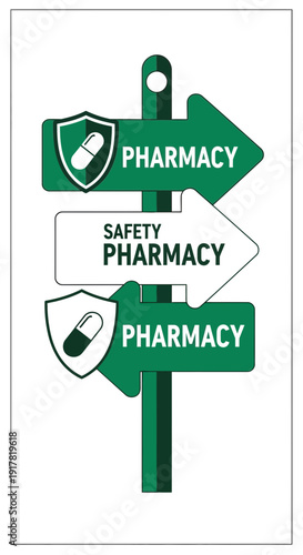 Directional Pharmacy Sign Illustrating Safety, Health, and Guidance With Pill Iconography