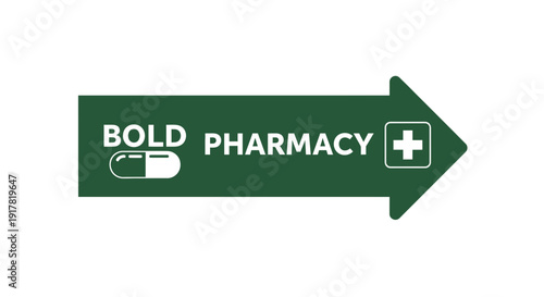 Directional Pharmacy Signage Depicting Pill and Cross Symbol on Green Arrow