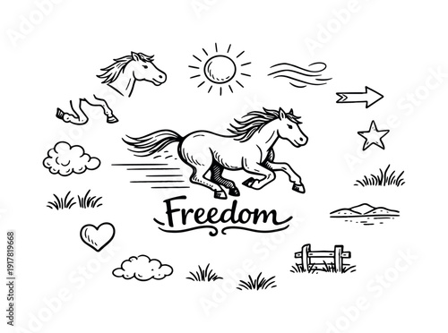 Free running horses. Hand-drawn doodle illustration of free running horses. In the middle, one slightly larger
