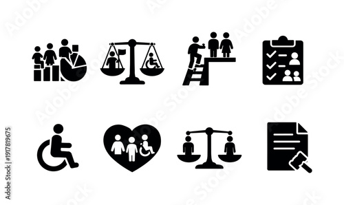 Equity and representation. Filled icon set of Equity and representation: representation chart, equal