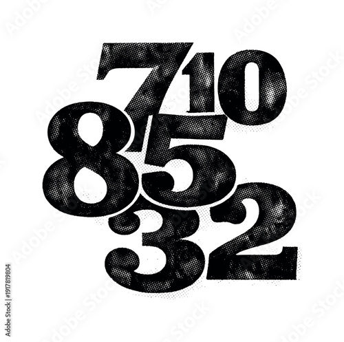 Oversized vintage clock numbers reduced to bold graphic forms, stacked or overlapping slightly, typographic