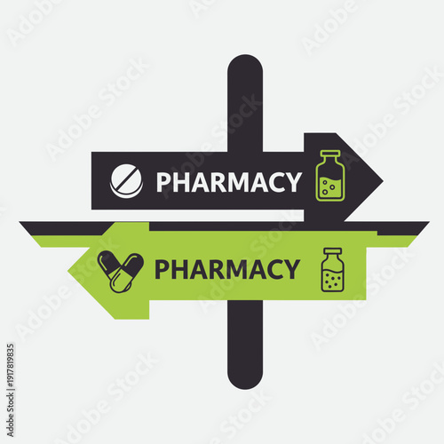 Directional Pharmacy Signage Illustrating Medicine Choices and Healthcare Guidance