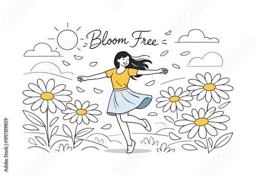 Daisy flower field joy. A young woman spinning in a wide meadow of oversized white daisies, petals floating