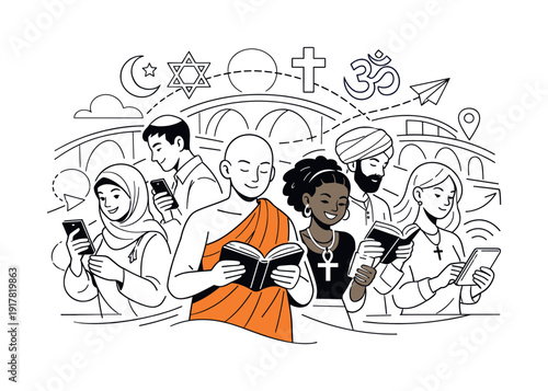 Religion in the modern world: challenges and evolution. Diverse people with subtle religious symbols using