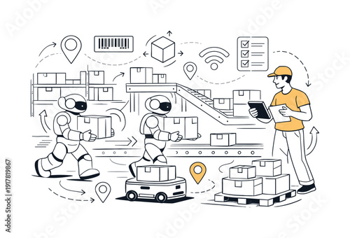Automated warehouse logistics. Robots lifting boxes, conveyor belts in motion, calm and