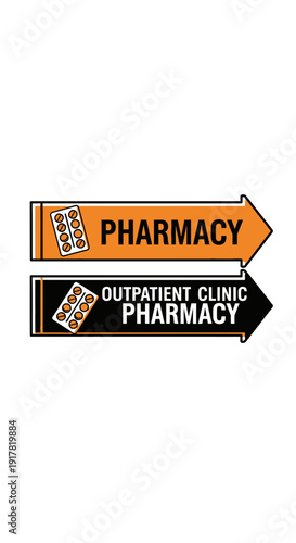 Directional Pharmacy Signage Illustrating Outpatient Clinic Services and Medication Guidance