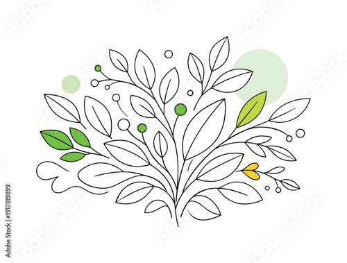 Natural botanical growth. Abstract green branches and leaves expanding in all directions, subtle sense of