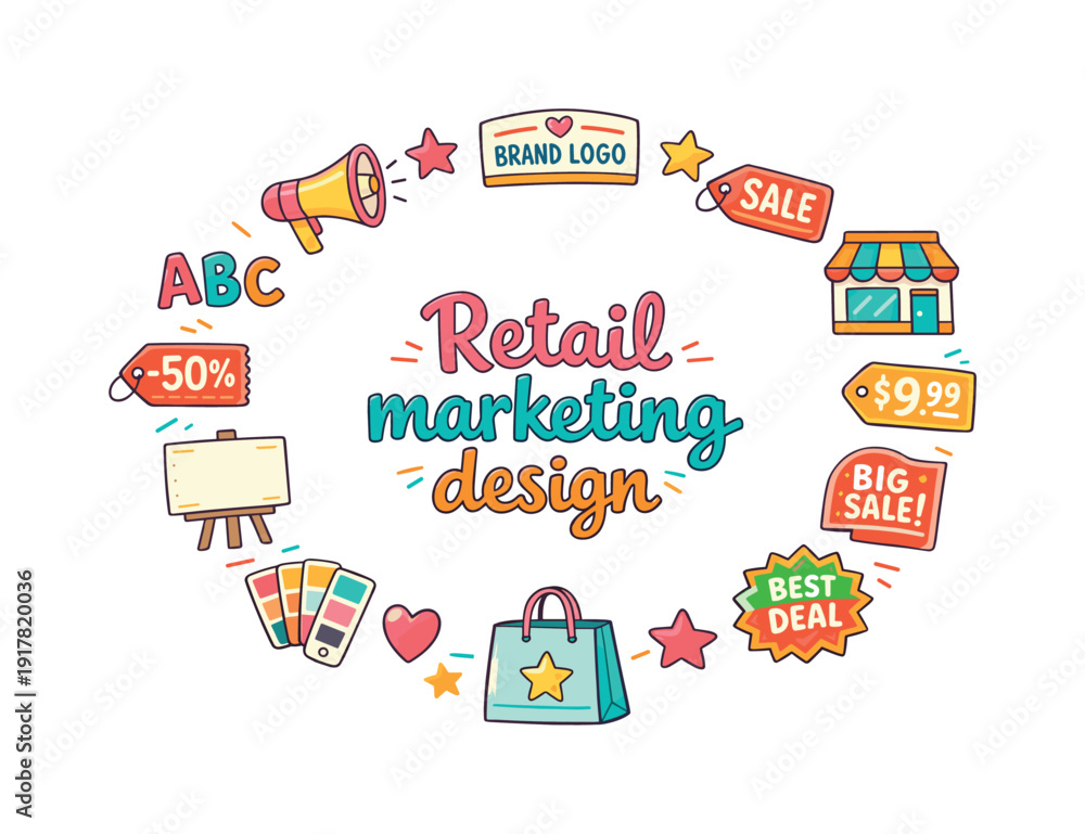 Fototapeta premium Retail marketing design. Hand drawn illustration of Retail marketing design. promotion banner, megaphone,