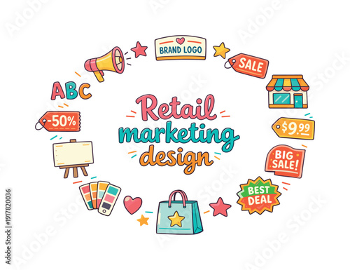 Retail marketing design. Hand drawn illustration of Retail marketing design. promotion banner, megaphone,