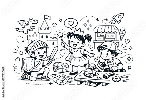 Imaginative Play World. Creative pretend play world. Toy castles, shops, and toolsets arranged around children