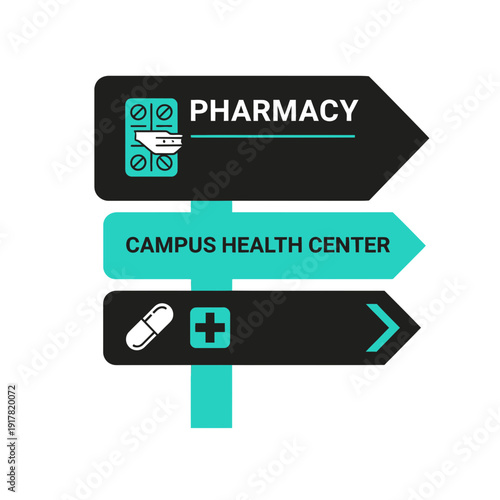 Directional Signage Highlighting Pharmacy and Healthcare Facilities for Community Support and