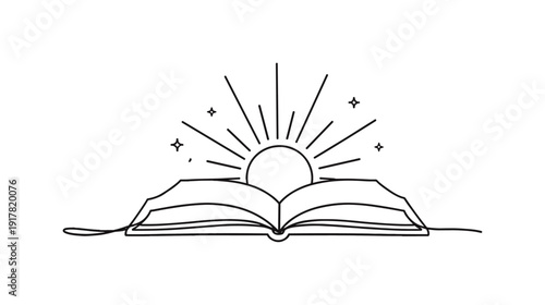 Sacred Meaning. Minimalistic one-line drawing book and light forming a balanced symbolic composition of