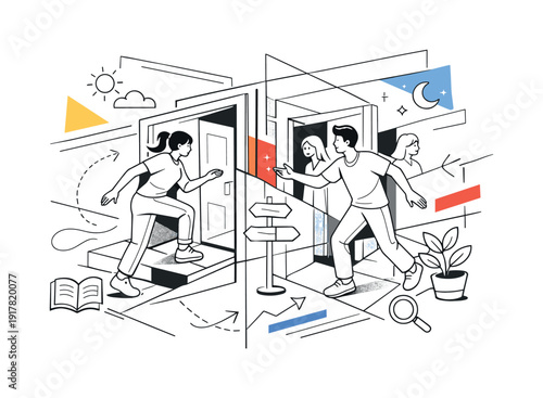 Multiple realities overlapping. Two versions of the same environment intersecting, doors and paths slightly