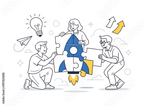 Founders Teamwork. Small team connecting puzzle pieces into a clear startup logo, lightbulb and arrows