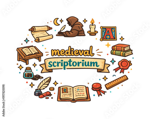 medieval scriptorium. Hand drawn illustration of medieval scriptorium. monk silhouette, parchment scroll,