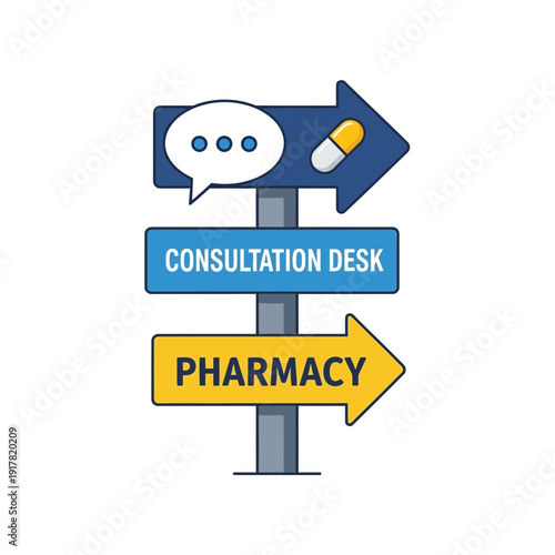 Directional Signpost Indicating Pharmacy, Consultation, And Medication Guidance for Healthcare Needs