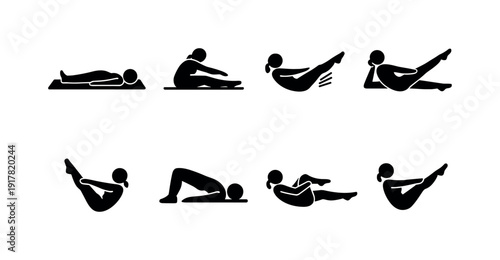 Pilates training exercises. Filled icon set of Pilates training exercises: mat pilates pose,