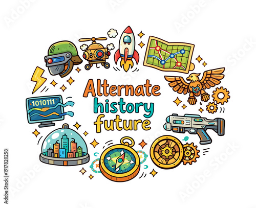 Alternate history future. Hand drawn illustration of Alternate history future. vintage soldier helmet, robotic