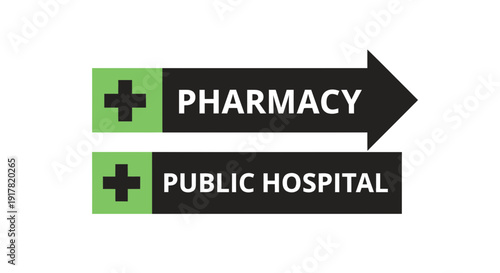 Directional Signs Guiding Towards Pharmacy And Public Hospital For Medical Needs