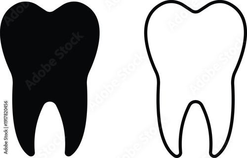 Black flat line teeth vector set collection group with dental tooth silhouette and outline icons, medical healthcare dentistry symbol isolated on transparent background, editable minimalist design
