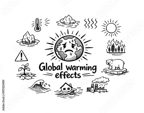 Global Warming Doodle Effects. Global warming effects. Hand-drawn doodle illustration of Global warming