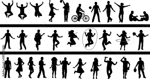 Large collection of black silhouettes featuring people jumping dancing playing instruments cycling and engaged in various active lifestyle poses isolated