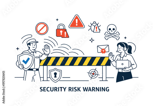 Security Risk Warning. Incoming signals stopped by a caution barrier, warning symbols floating at the boundary