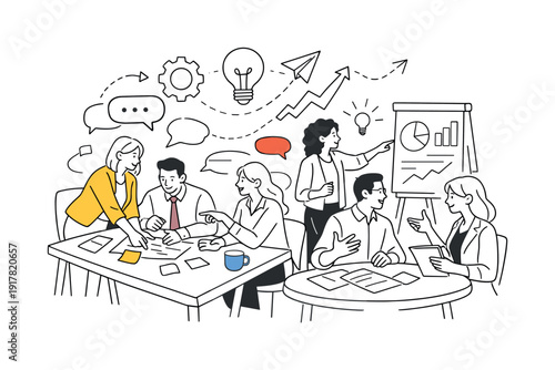 Corporate workshop environment. Business professionals gathered around tables, exchanging