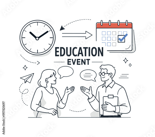 School Event Announcement. Education event announcement. Minimalist signboard with a clock icon and calendar