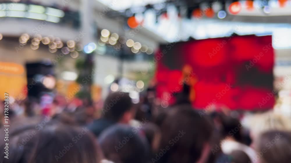 custom made wallpaper toronto digitalA crowd of young fans waving their hands in the fan zone of a shopping mall atrium. A female singer is performing on stage for an enthusiastic audience gathered for a live event. Out of focus.