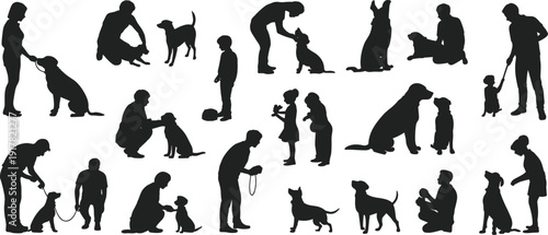 Black dog training silhouettes set, people interacting with pets, puppy obedience and walking icons, isolated vector illustrations for animal care design