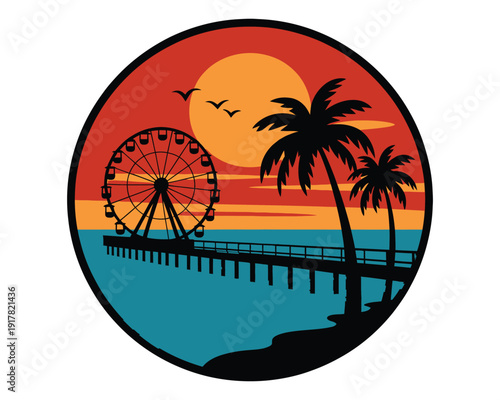 Santa Monica Pier California vector logo, retro sunset beach illustration with palm trees and ferries wheel, summer vacation travel icon, round vintage sticker style for West Coast design projects, 