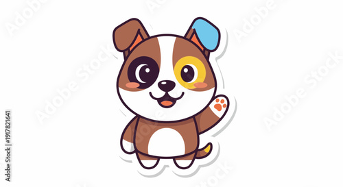Adorable Waving Puppy Dog Cartoon Character Sticker with Patchy Fur and Friendly Smile