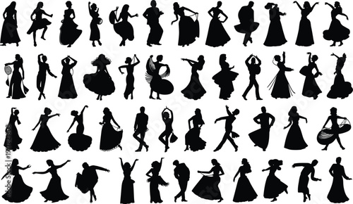 Flamenco dance silhouette collection, traditional Spanish dancers poses, cultural performance art, elegant movement, folklore costume, black vector illustration set