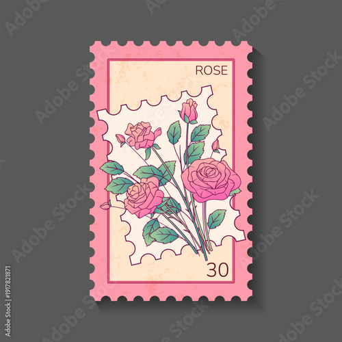 Vector illustration of vintage postage stamp with pink roses and green leaves. Retro botanical design with textured background, perforated edges and decorative frame. Floral collectible illustration.