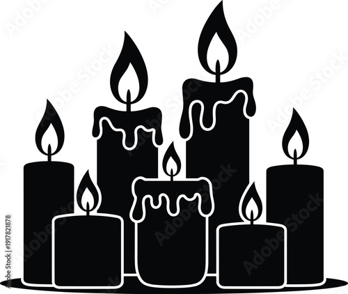 Black and white burning candle silhouettes with melting wax and flames set on a white background for spiritual memorial designs.